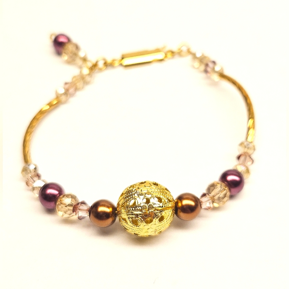 Glass Faux Pearl and Faceted Glass Beaded Goldtone Bracelet
